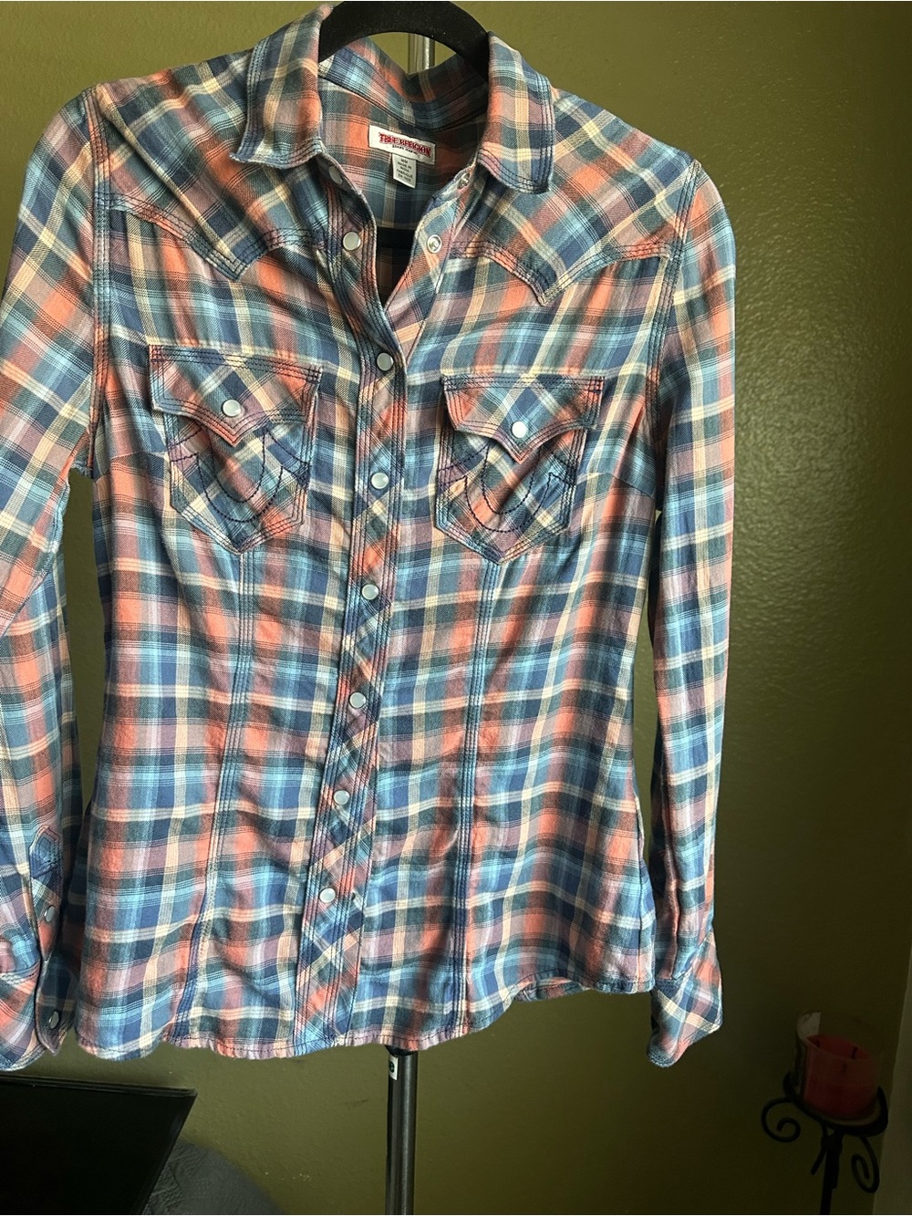 True Religion Plaid Shirt in Coral and Navy Blue